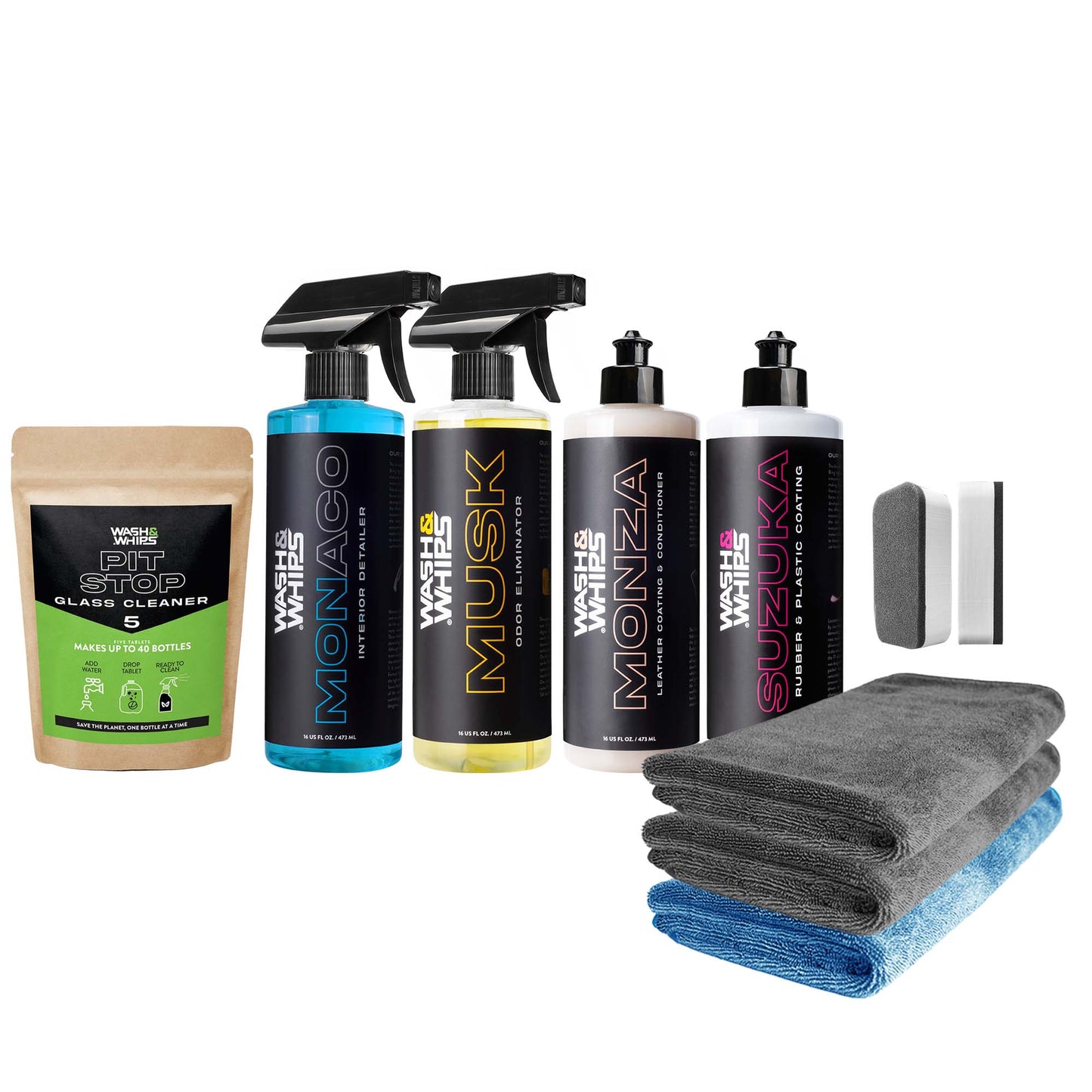 Collection of car care products including bottles, a pouch, and cloths on a white background. Interior Car Detailing Kit