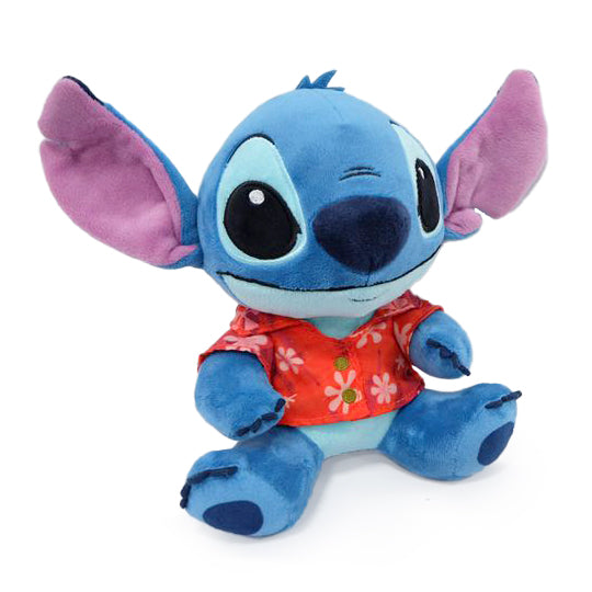 Plush toy resembling a character with a red floral shirt on a white background