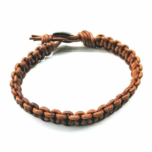 Brown braided leather bracelet on a white background