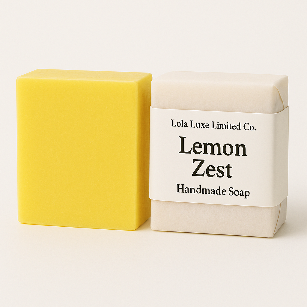 Lemon Zest- Lemon Scented Handmade Soap next to its packaging with 'Lola Luxe Limited Co.' branding on a white background.