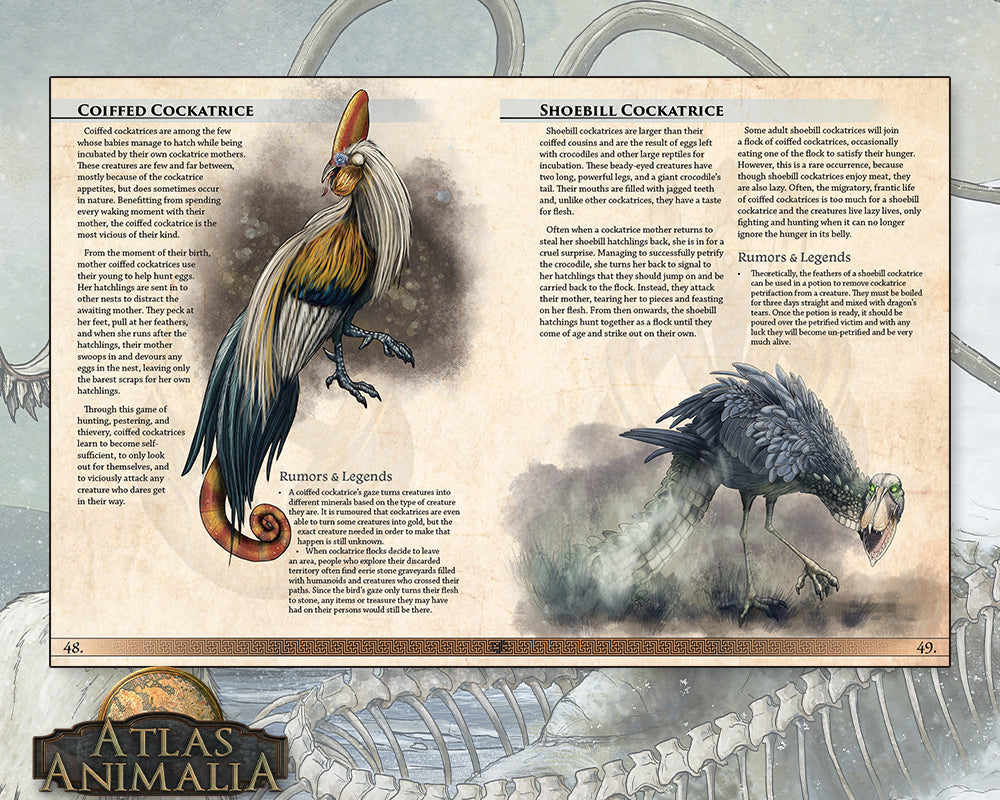 Illustrated pages from 'Atlas Animalia' featuring cockatrices with text and branding.