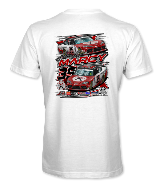 White t-shirt with red and black race car graphic and 'Marcy' text on a white background