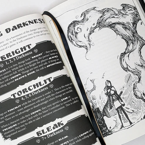 Open book with game rules and black and white illustrations on a white background