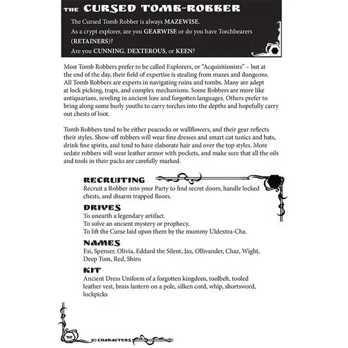 Character sheet for a 'Cursed Tomb-Robber' from a role-playing game, with text and decorative elements.