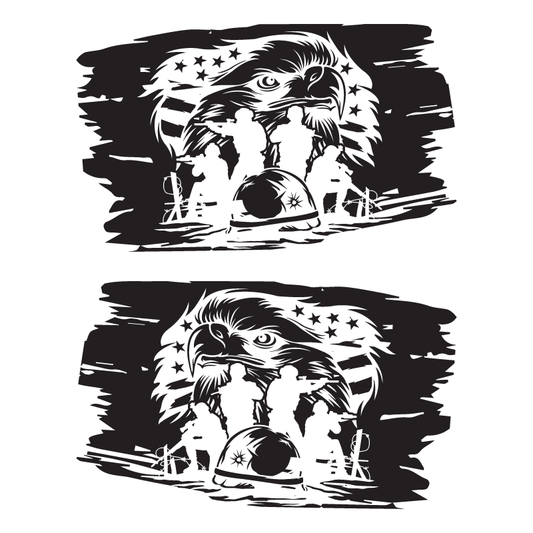 Two black and white illustrations of an eagle with a helmet and American flag background.