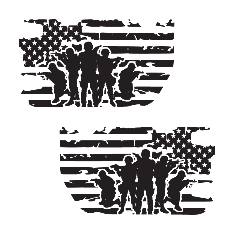Decal of soldiers with weapons on an American flag background