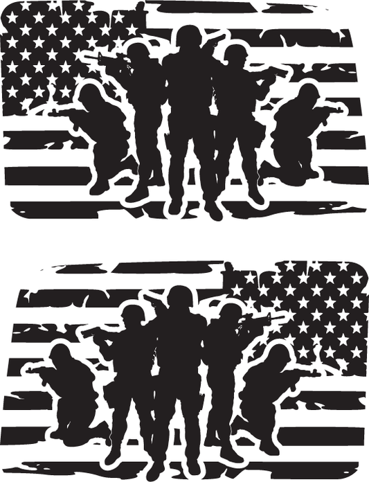 Silhouettes of soldiers on an American flag background