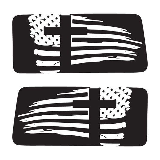 Two black and white American flag designs on a white background