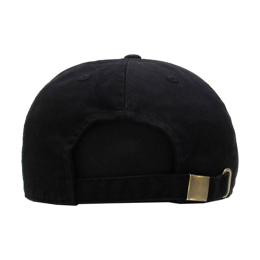 Black cap with a gold buckle on a white background