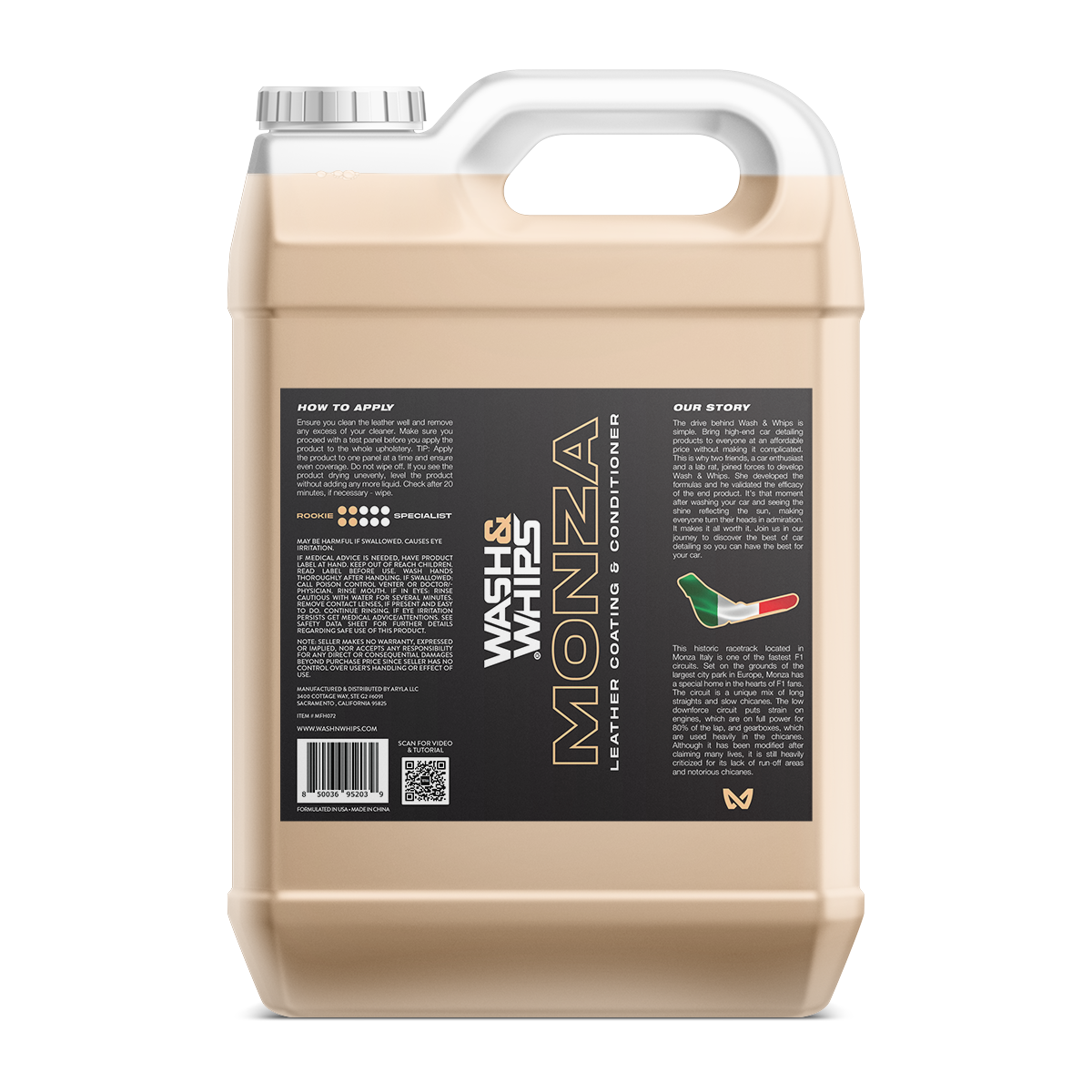 Beige container with a black label featuring 'Wash & Wax Monza' on a white background