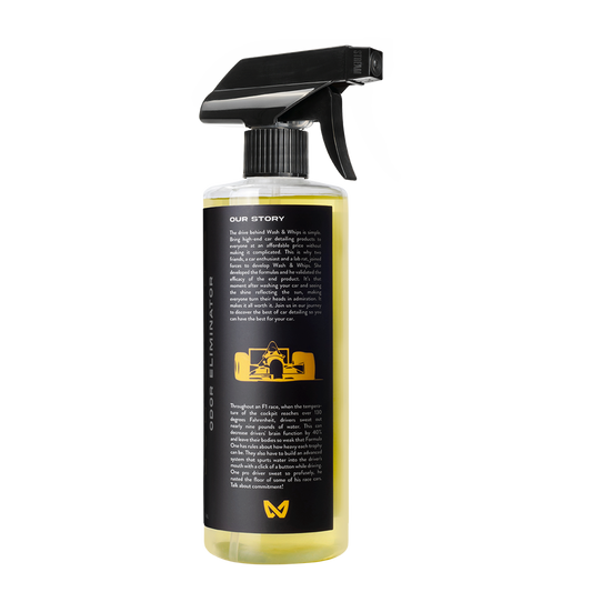Spray bottle with black label and yellow liquid on a white background