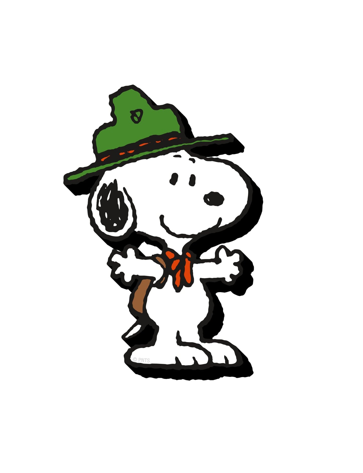 Cartoon Snoopy character wearing a green hat and orange bow tie on a white background