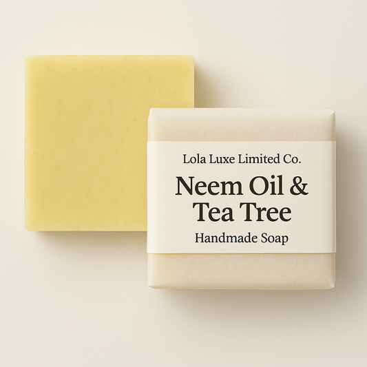 Neem Oil & Tea Tree Anti-Blemish Handmade Soap. Yellow bar of soap with a white label on a beige background