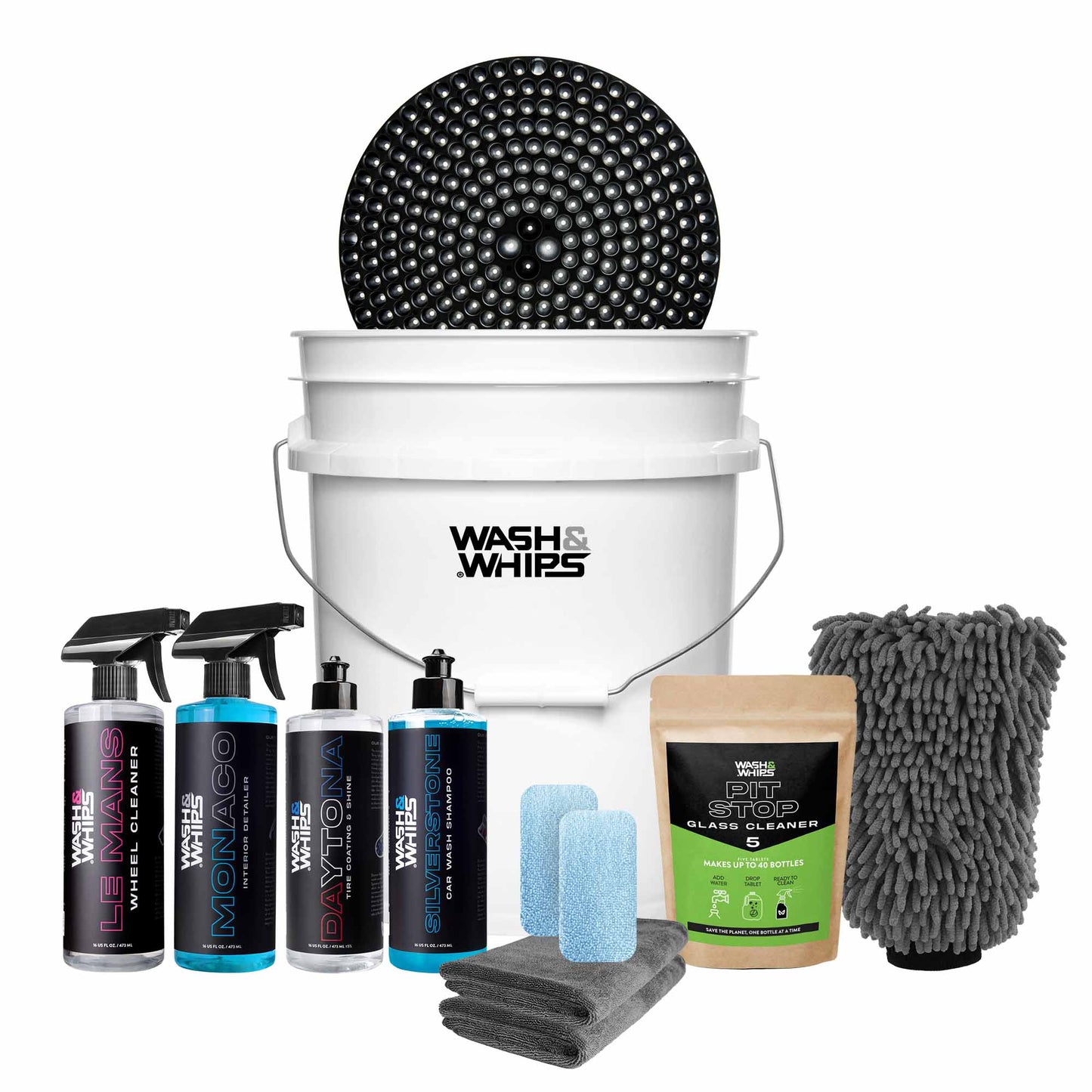 Car cleaning kit with a white bucket, sponges, cloths, and bottles on a white background