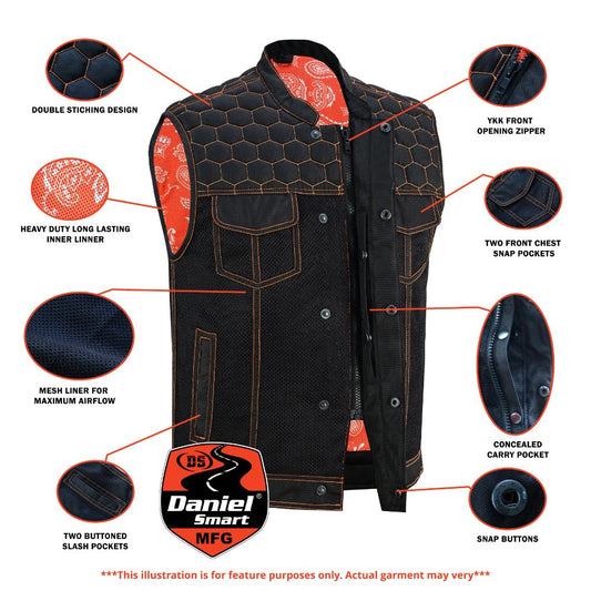 Night Tiger Men’s Black Mesh Textile Vest with Orange Diamond Stitch