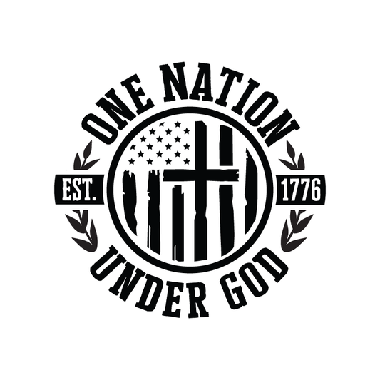 Black and white graphic with 'One Nation Under God' text and American flag design on a white background