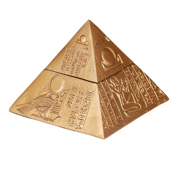 Gold pyramid with hieroglyphics on a white background
