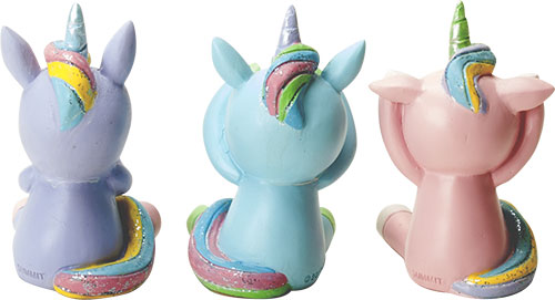 Three colorful unicorn figurines in different colors on a white background