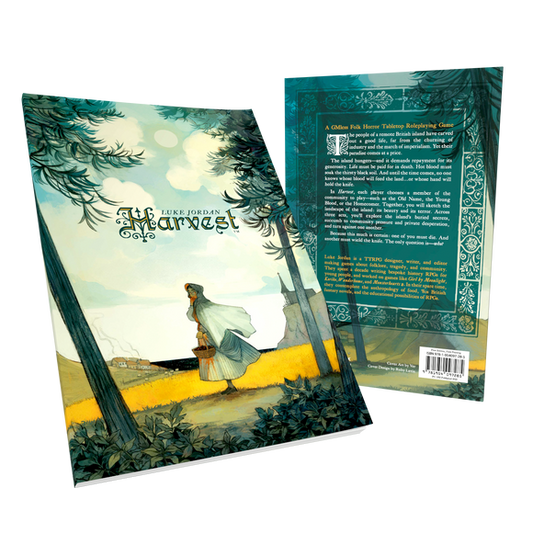 Book cover and back cover with a person standing by a window, surrounded by nature.