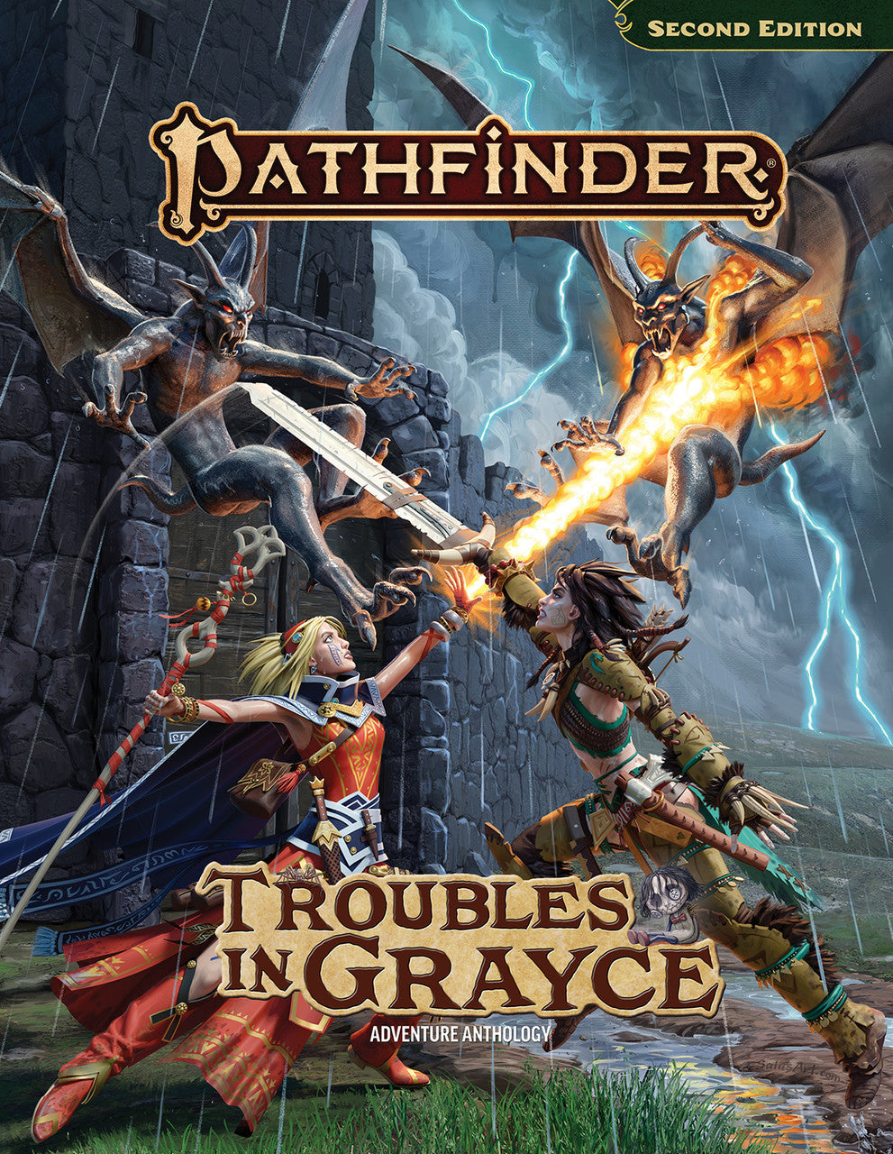 Cover of 'Pathfinder: Troubles in Grayce' with two characters and a dragon in an action pose.