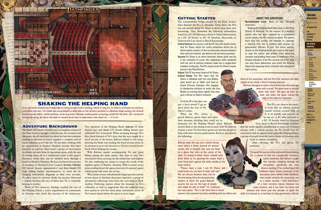 Open book with game adventure text and character illustration on a decorative background