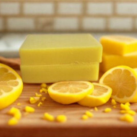 Lemon Zest- Lemon Scented Handmade Soap bar with lemon slices on a wooden surface