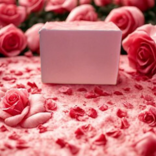 Rose Petals- Rose Scented Handmade Soap on a bed of pink roses with blurred background