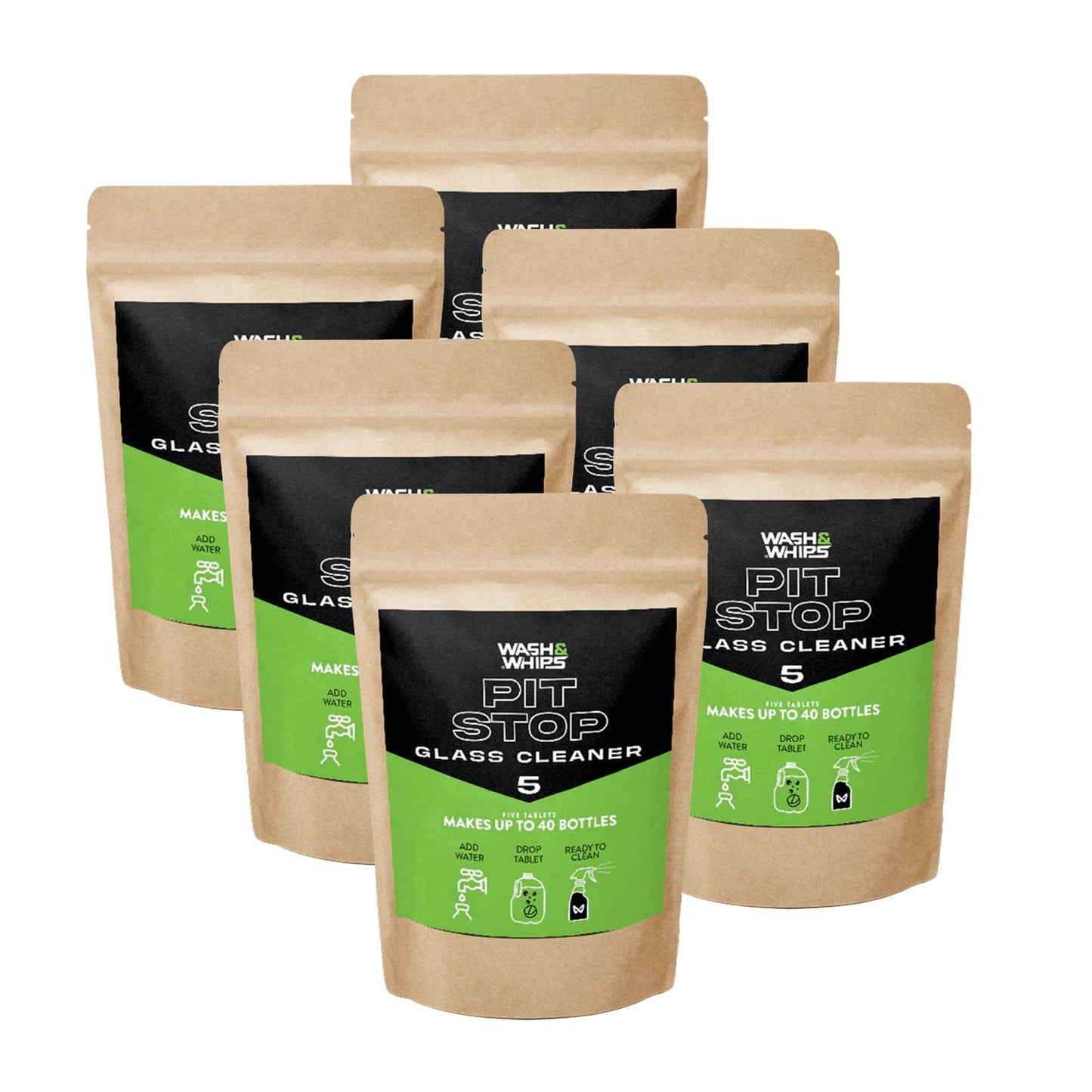 Six packages of Wash & Wipes Pit Stop Glass Cleaner on a white background