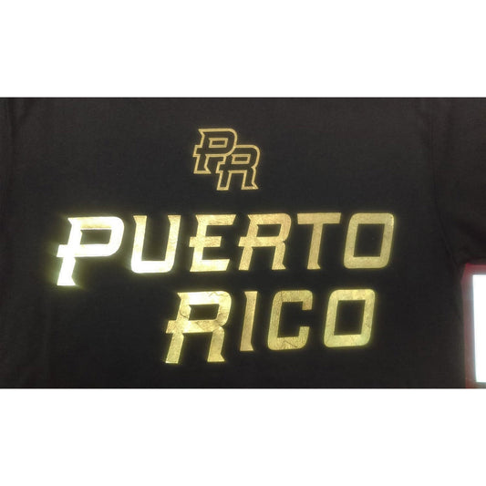 Black shirt with gold 'PR' and 'Puerto Rico' text on a white background