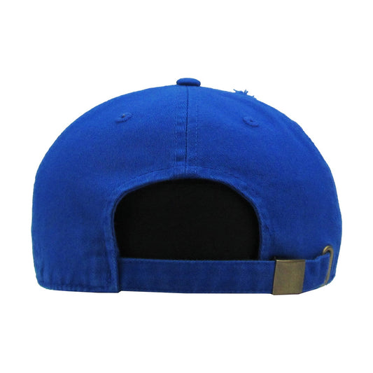 Blue cap with a brown strap on a white background