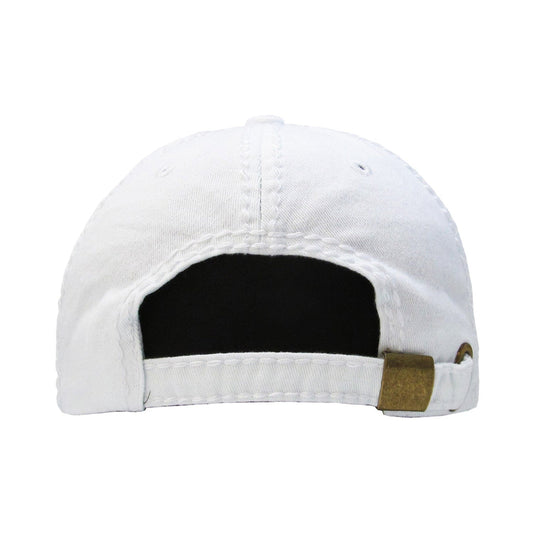 White cap with a brown buckle on a white background