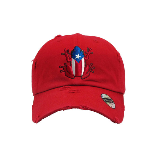 Red cap with embroidered design on a white background
