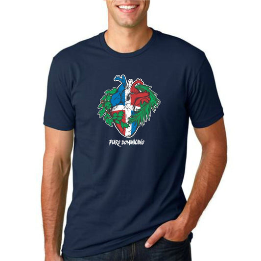 Navy blue t-shirt with a colorful graphic design on a white background