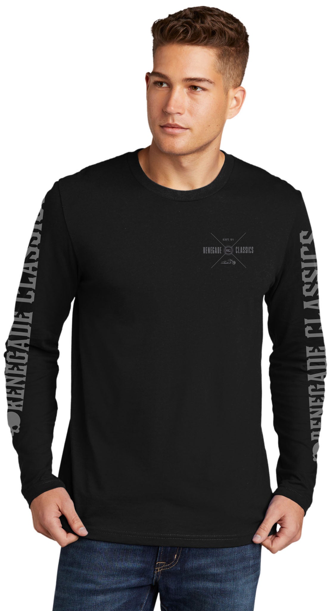 man wearing RC Handlebar Long Sleeve Tee Shirt