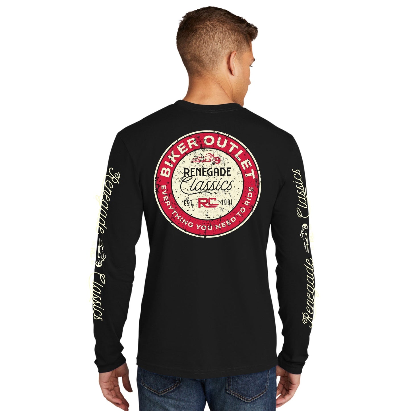 Man wearing A long sleeve black t-shirt with a round red and white 'Biker Outlet Renegade Classics' graphic on the back and text on the sleeves.