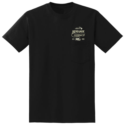 Front of Black crew neck t-shirt with a round red and white 'Biker Outlet Renegade Classics' print on the front.