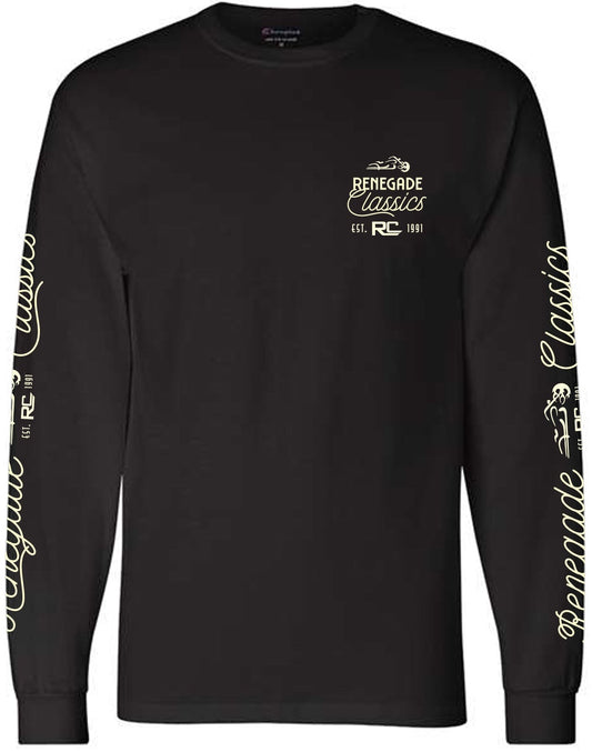 Front Of A long sleeve black t-shirt with a round red and white 'Biker Outlet Renegade Classics' graphic on the back and text on the sleeves.