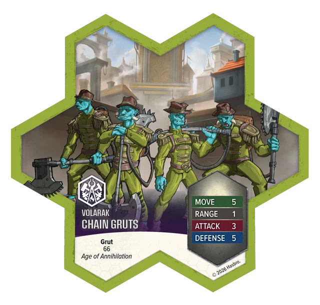 Hexagonal card featuring Volarak Chain Gruts with game stats on a white background