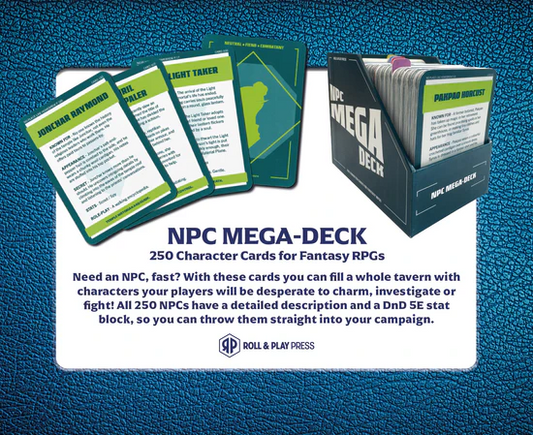 NPC Mega-Deck packaging with character cards on a blue textured background