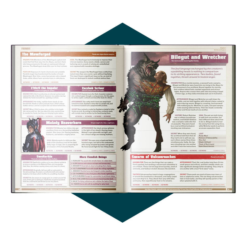 Open book showing a creature illustration and text on a white background