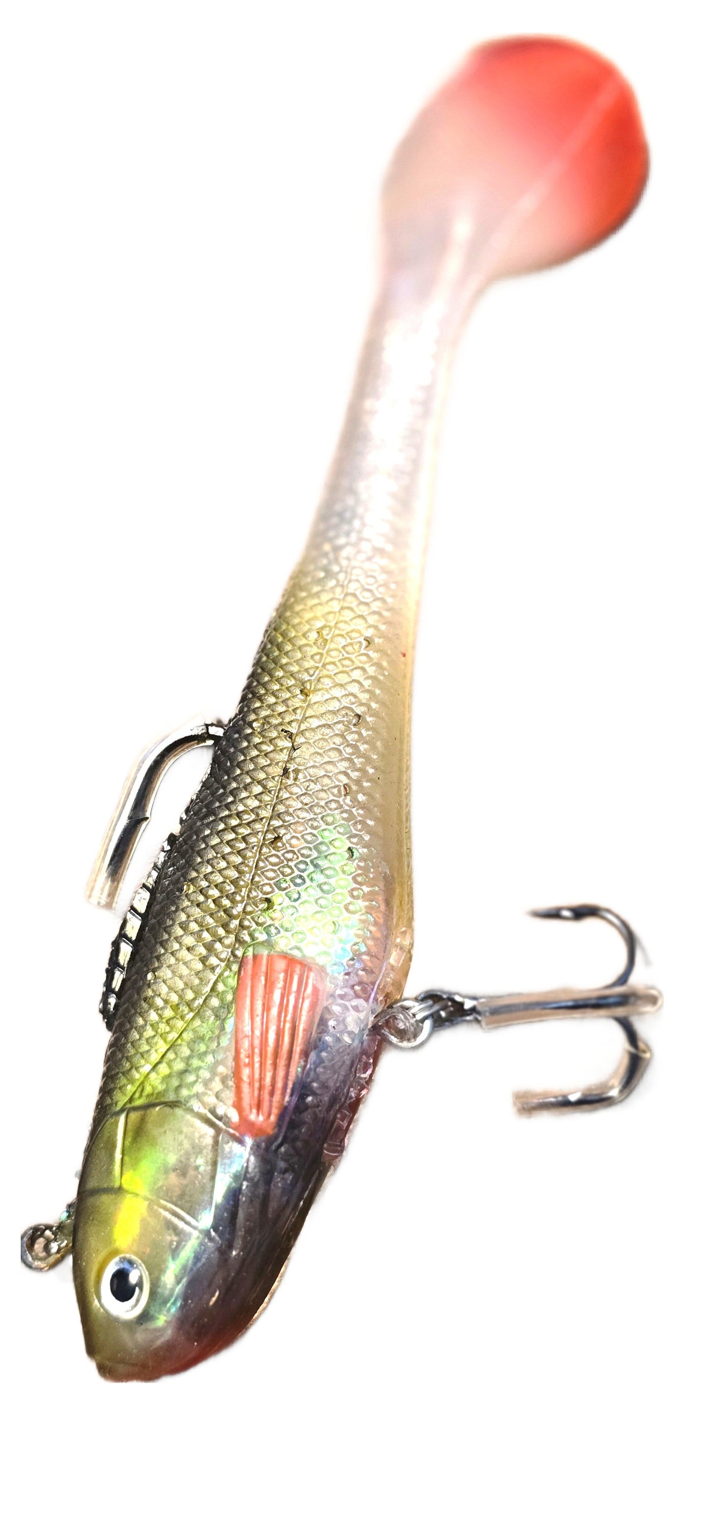 Fishing lure with a gradient color pattern on a white background