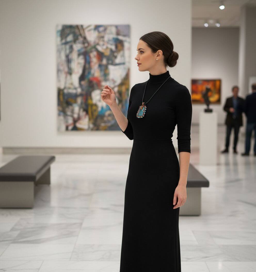 Woman in a black dress standing in an art gallery wearing necklace