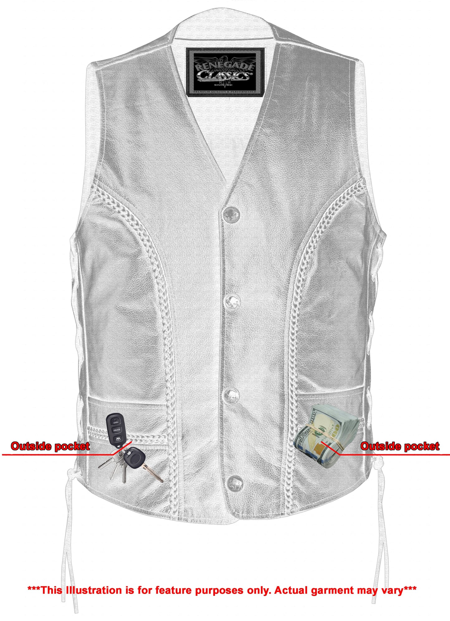 Xray View Charlie Men's Black Braided Leather Motorcycle Vest & Lace-Up Sides
