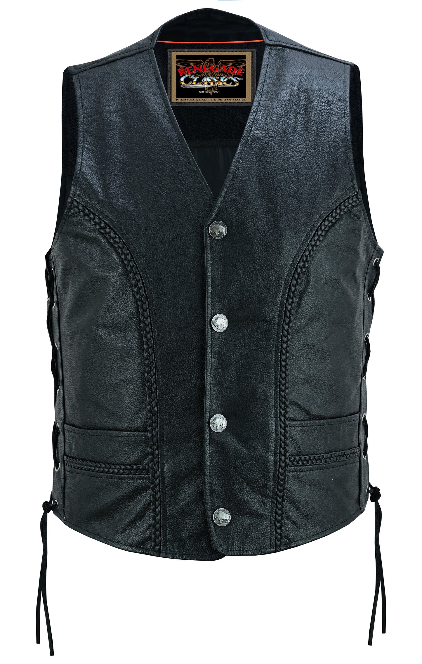 Front View Charlie Men's Black Braided Leather Motorcycle Vest & Lace-Up Sides