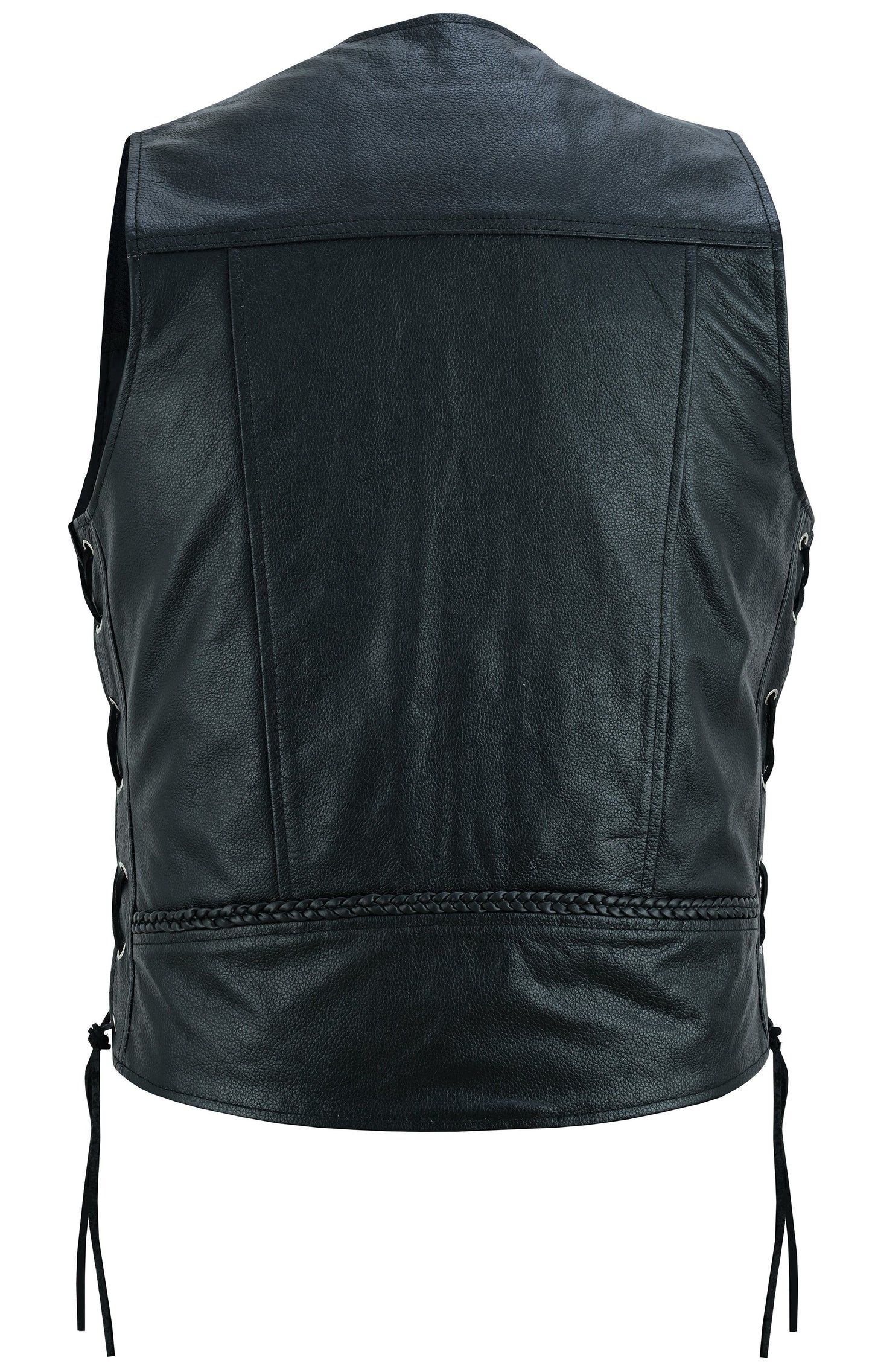 Rear View Charlie Men's Black Braided Leather Motorcycle Vest & Lace-Up Sides