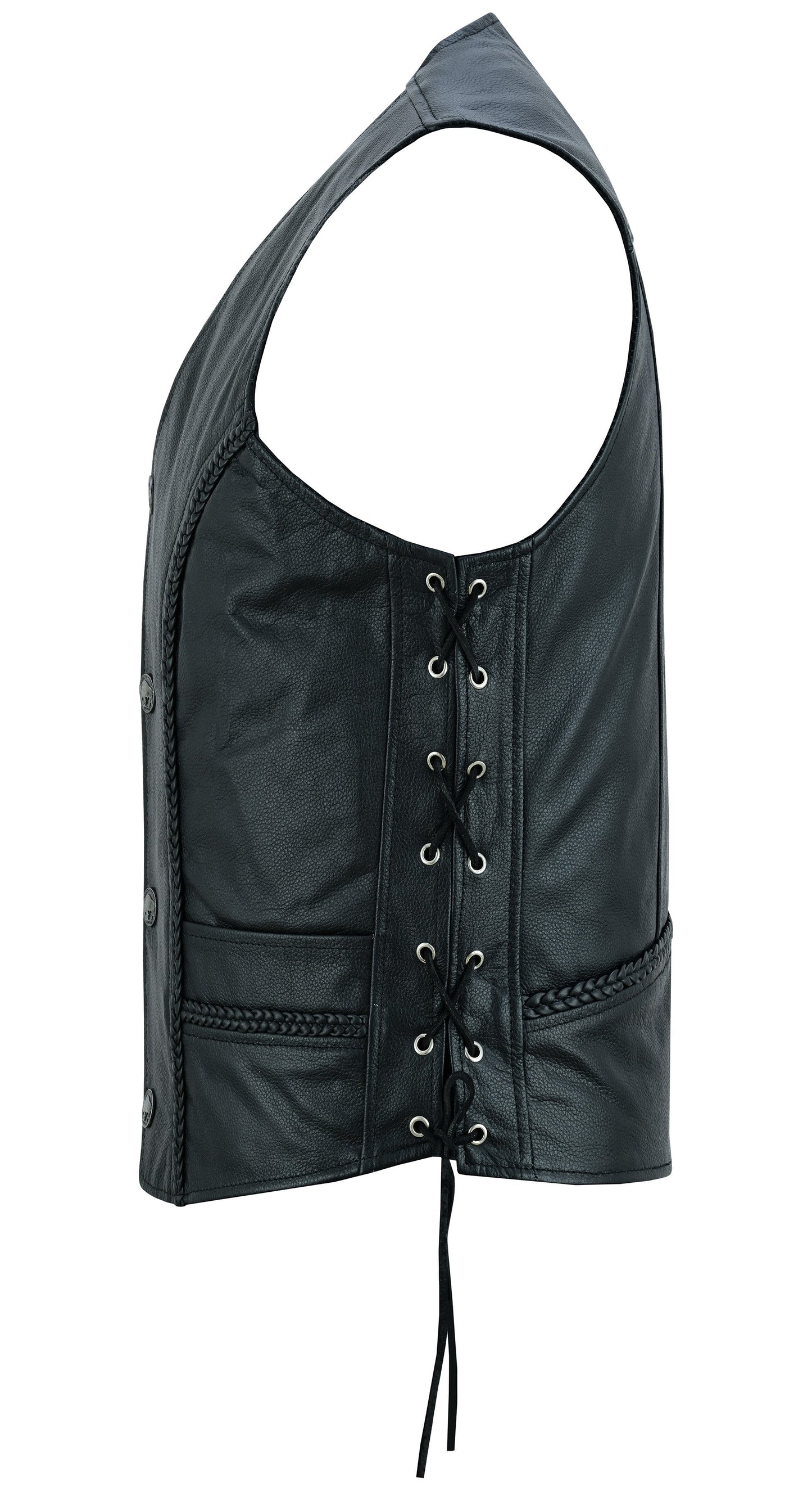 Side View Charlie Men's Black Braided Leather Motorcycle Vest & Lace-Up Sides