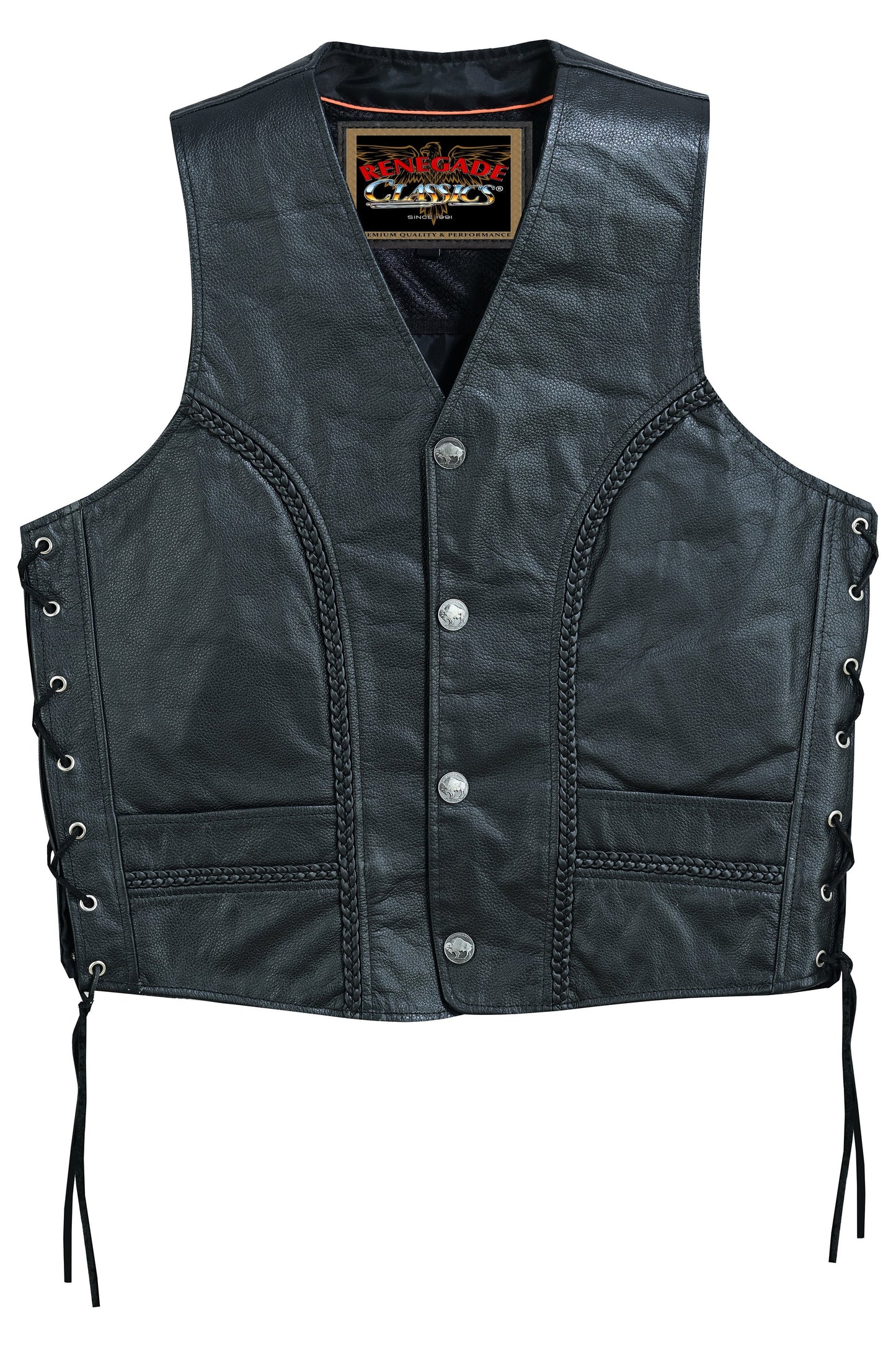 Alternate View Charlie Men's Black Braided Leather Motorcycle Vest & Lace-Up Sides