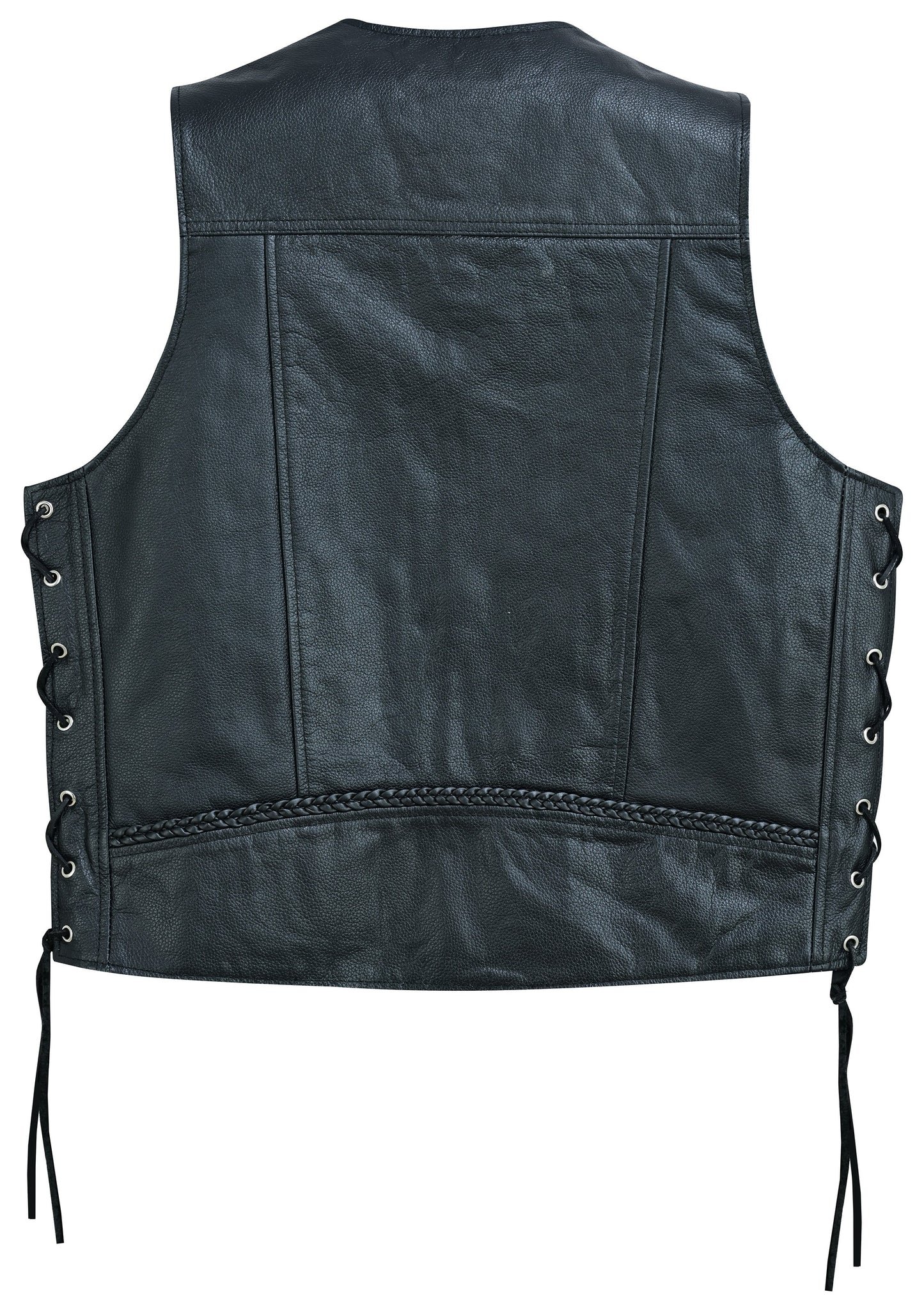 Back Of Charlie Men's Black Braided Leather Motorcycle Vest & Lace-Up Sides
