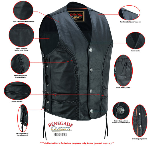 Infographic Charlie Men's Black Braided Leather Motorcycle Vest & Lace-Up Sides