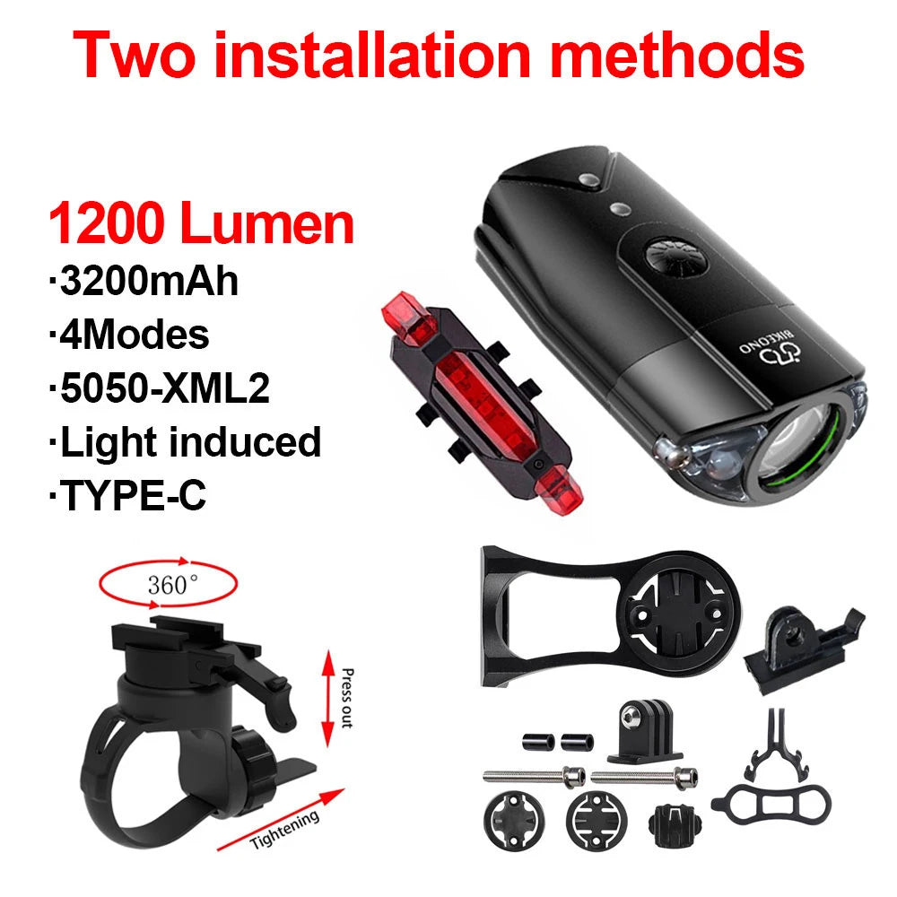 Bicycle light with installation parts and specifications on a white background